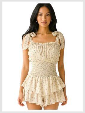 Floral Off Shoulder Romper Smocked Ruffle XS